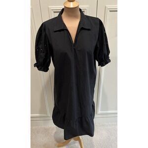 Brende Black Shift Dress Size Medium Eyelet Puff Sleeve Minimalist Whimsigoth